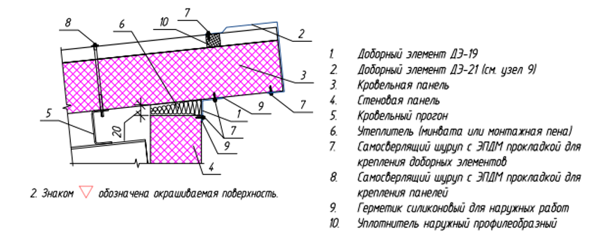 Узел 14 (из группы узлов 9-14) с обозначением элементов и креплений